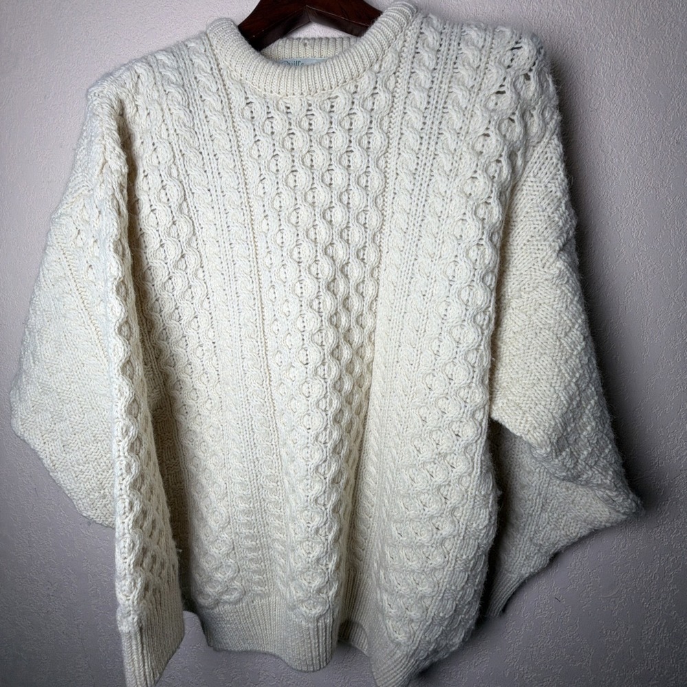 Men's Vintage Quills Woolen Market Ireland Cable Knit Sweater Beige L Oversized